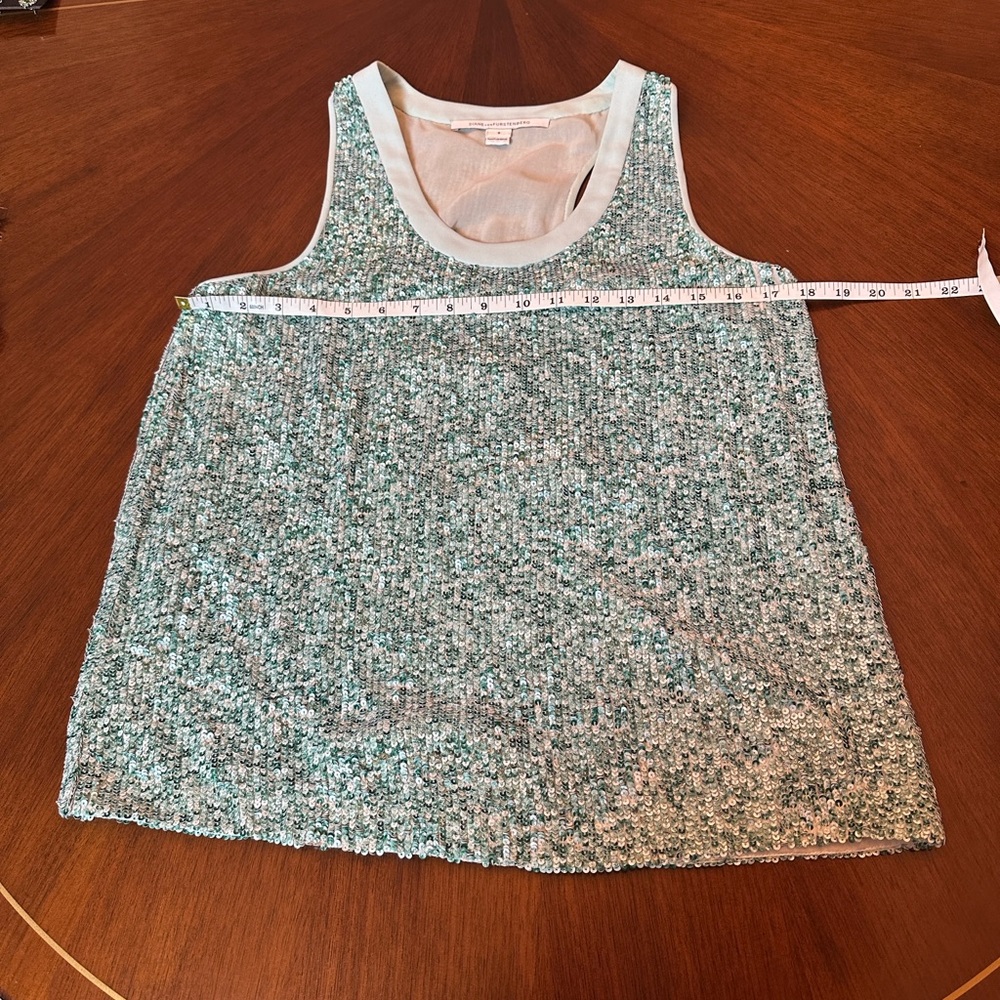 Diane von Furstenberg Silk Sequined Sleeveless Top Blouse Teal Green Racerback - Picture 2 of 14